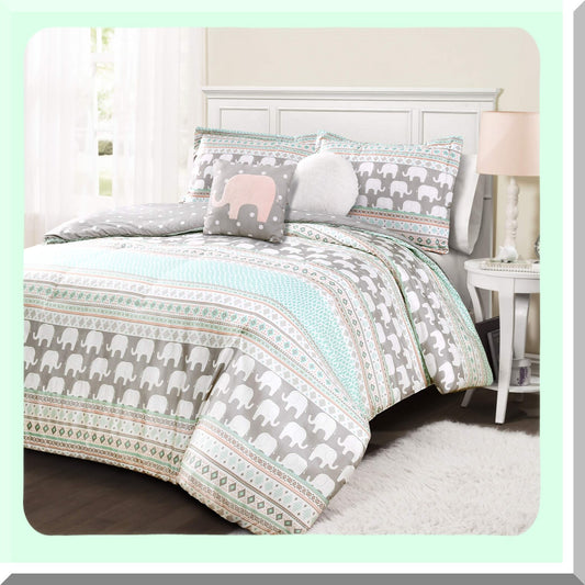 Elephant Dreams Reversible Comforter Set - Pink Turquoise Striped Bedding Twin - 4-Piece Cozy Bed Set - Kids Bedroom Decor - Soft Microfiber Fabric