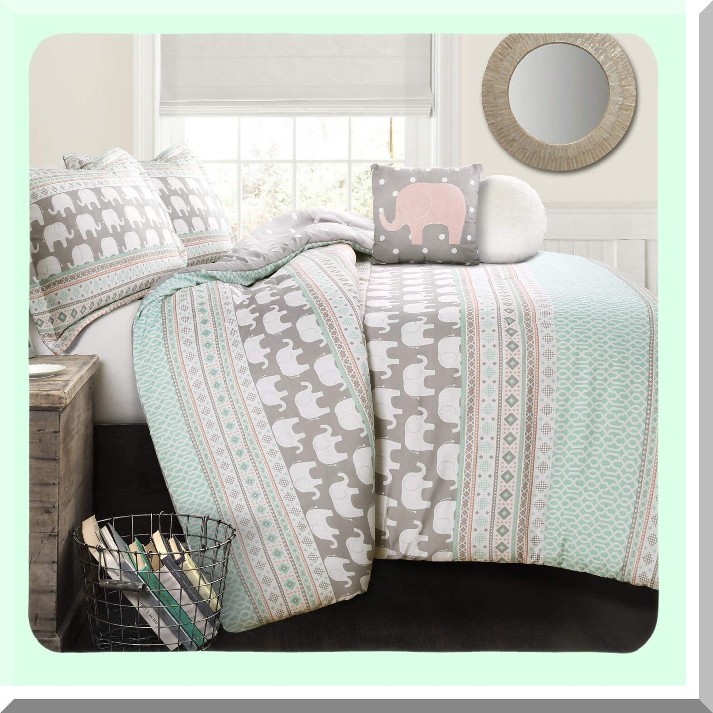 Elephant Dreams Reversible Comforter Set - Pink Turquoise Striped Bedding Twin - 4-Piece Cozy Bed Set - Kids Bedroom Decor - Soft Microfiber Fabric