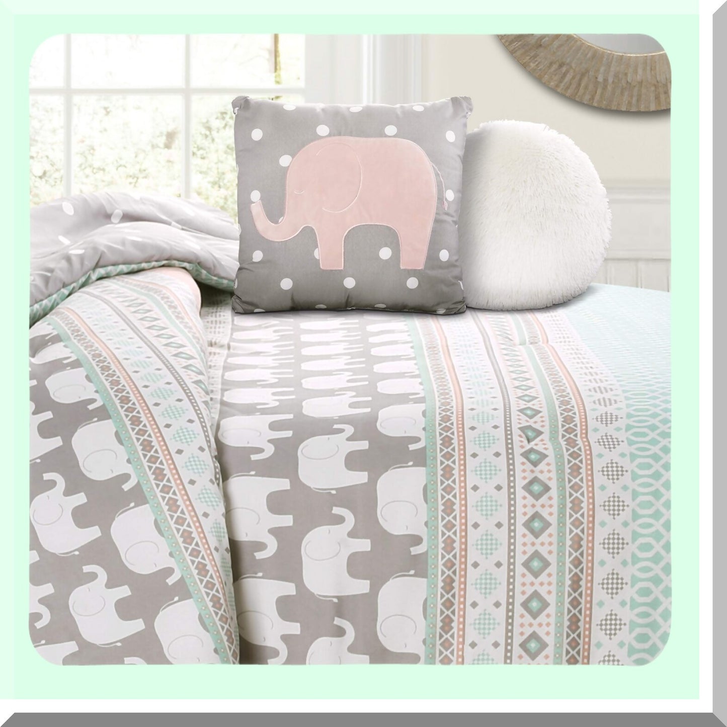 Elephant Dreams Reversible Comforter Set - Pink Turquoise Striped Bedding Twin - 4-Piece Cozy Bed Set - Kids Bedroom Decor - Soft Microfiber Fabric