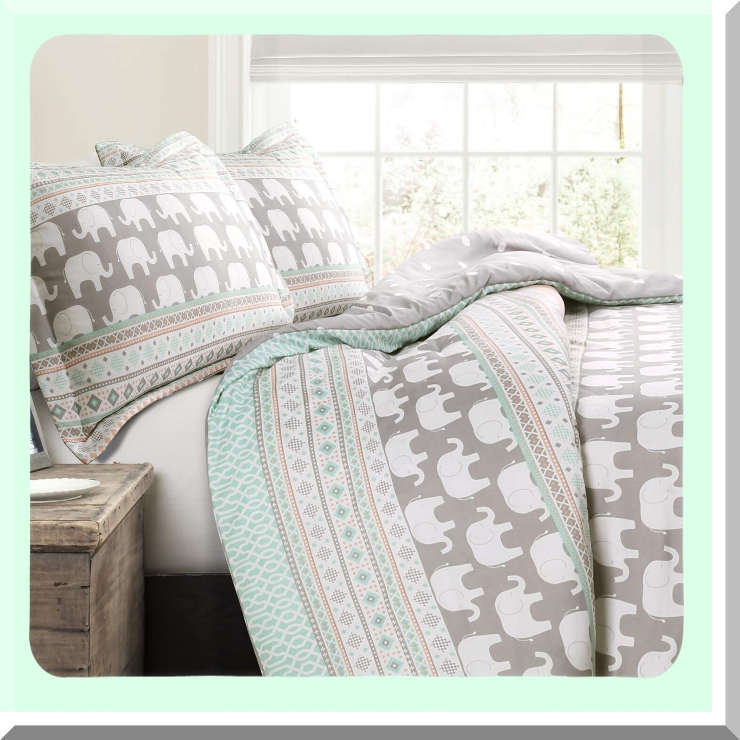 Elephant Dreams Reversible Comforter Set - Pink Turquoise Striped Bedding Twin - 4-Piece Cozy Bed Set - Kids Bedroom Decor - Soft Microfiber Fabric