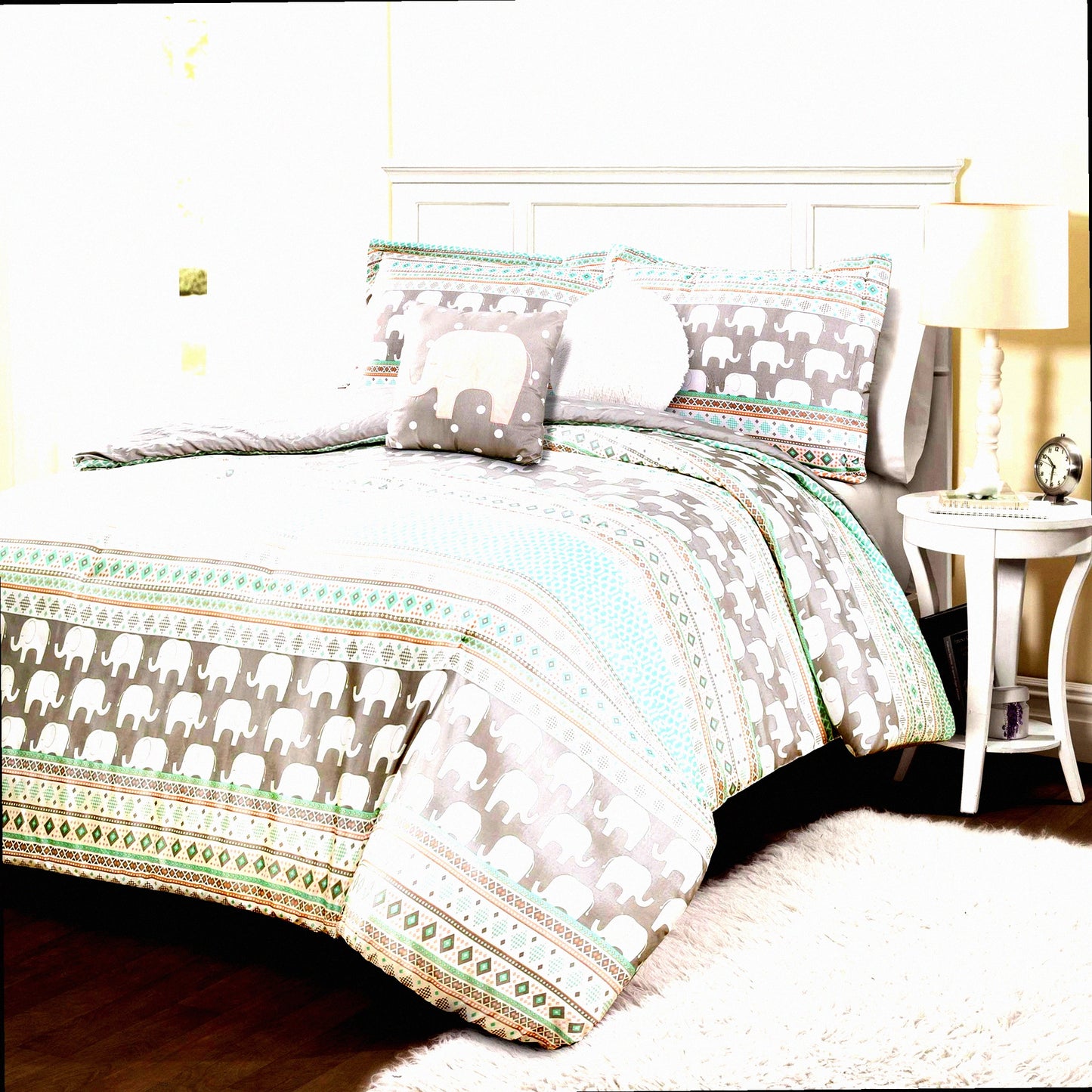 Elephant Dreams Reversible Comforter Set - Pink Turquoise Striped Bedding Twin - 4-Piece Cozy Bed Set - Kids Bedroom Decor - Soft Microfiber Fabric