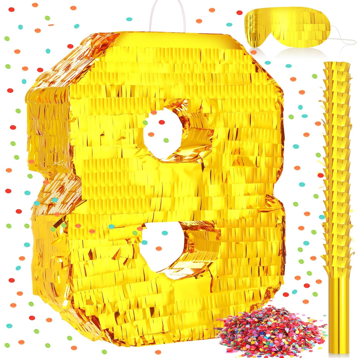 Gold Number Pinata Party Pack - Celebrate with this fun and festive pinata set! Includes a gold number pinata, stick, blindfold, and confetti for birthdays, anniversaries, and fiestas. Perfect for boys and girls of all ages!