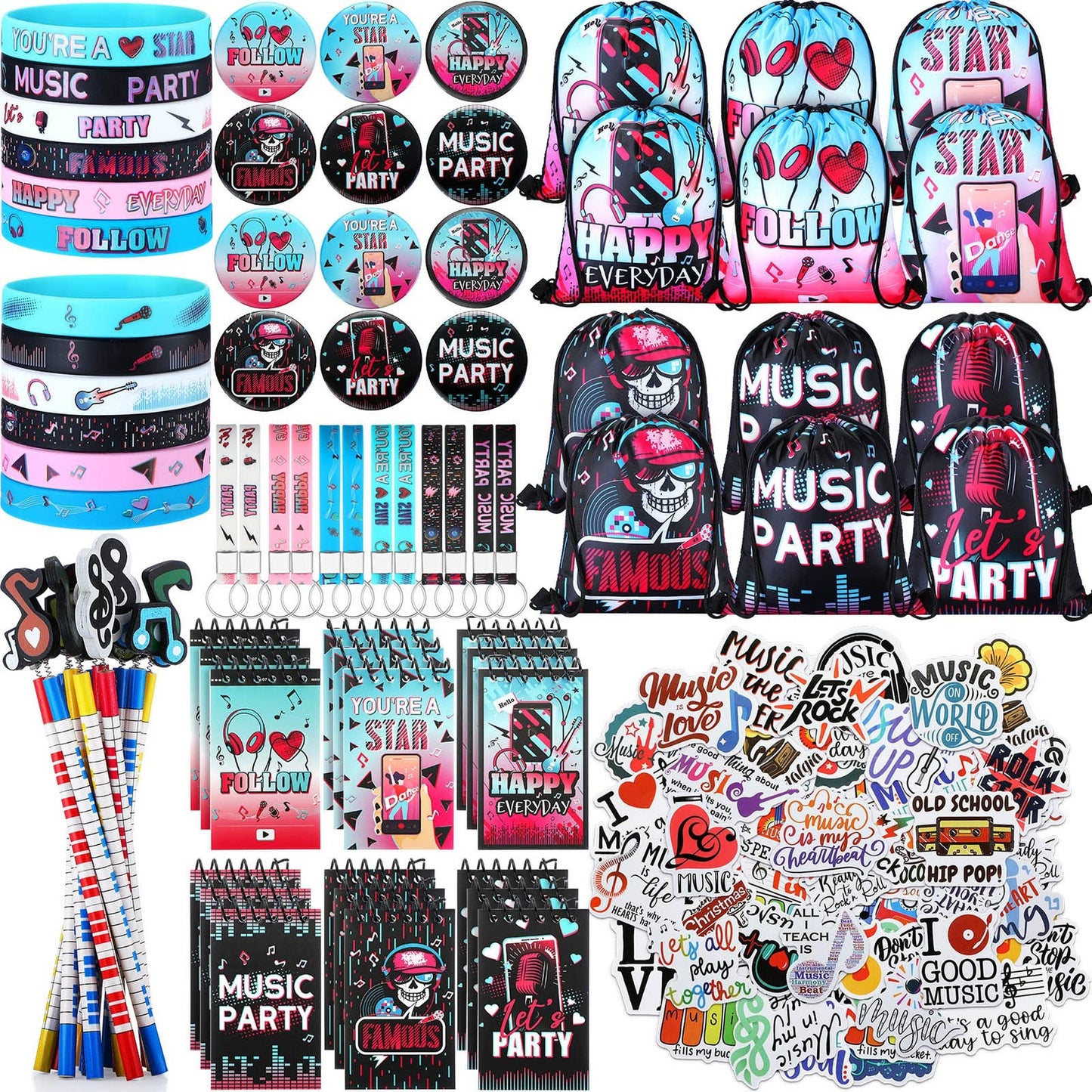 Music Mania Party Pack - 128 Piece Set with Bracelets, Keychains, Badges, Pencils, Drawstring Bag, Notepads, and Stickers for Kids Birthday Bash