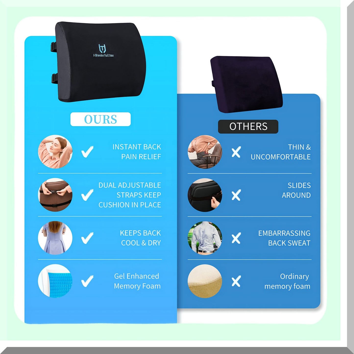 ErgoFoam Lumbar Support Pillow - Gel Memory Foam for Office Chair, Back Pain Relief, Improve Posture - DeskCarBlack - Comfortable & Supportive