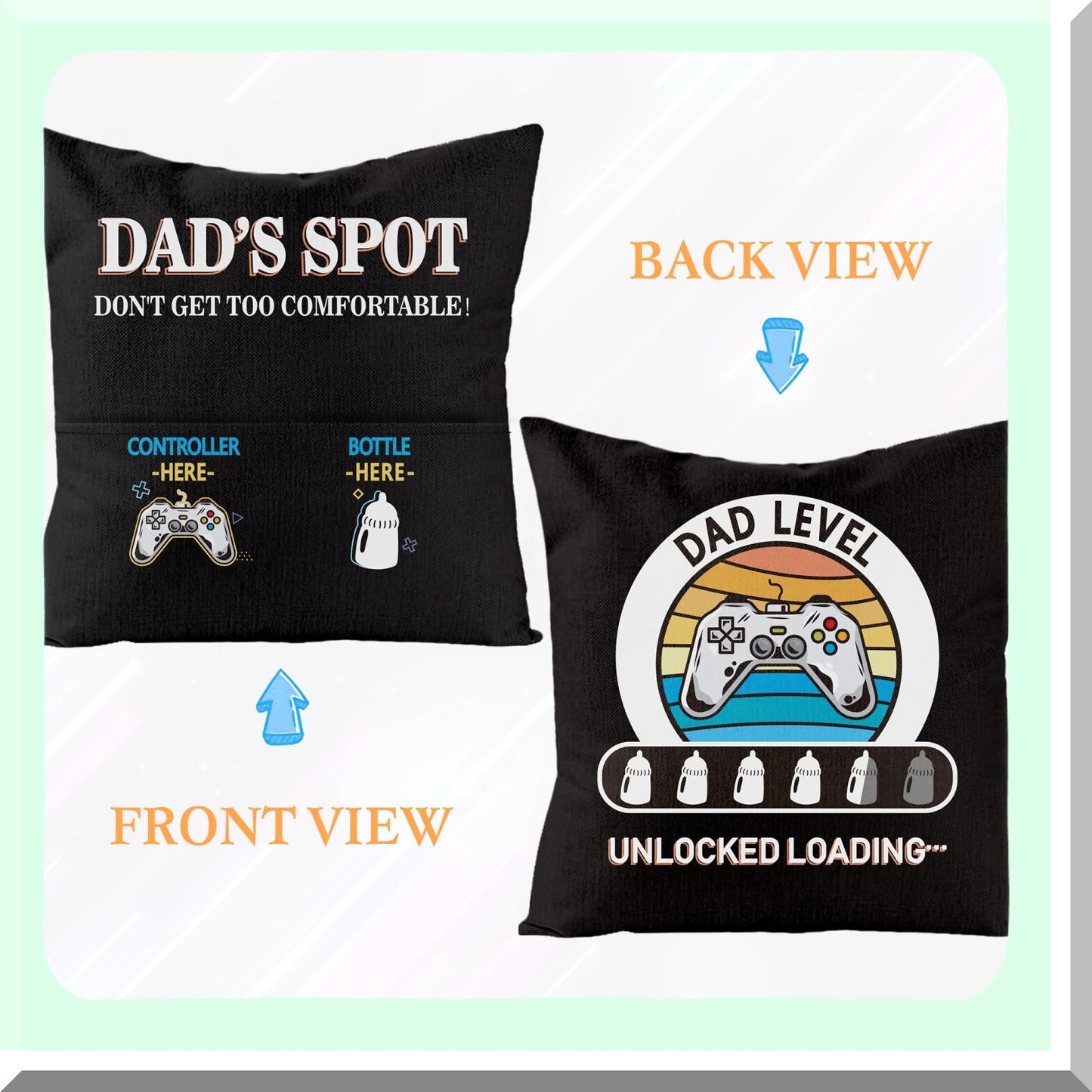 Black Pocketed Dad's Day Throw Pillow Cover - Linen Square Sofa Bed Case - Birthday & Thanksgiving Gift for Daddy Papa - 1PCS Spot Design