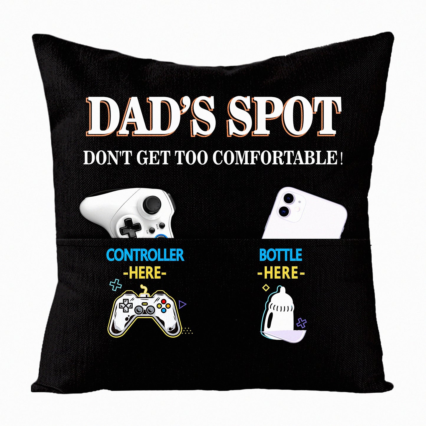 Black Pocketed Dad's Day Throw Pillow Cover - Linen Square Sofa Bed Case - Birthday & Thanksgiving Gift for Daddy Papa - 1PCS Spot Design