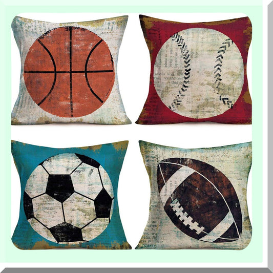 Retro Sports Linen Cushion Cover Set - Basketball Football Softball Rugby Throw Pillow Case - Vintage Background Decor - 18"X18" Square - Pack of 4