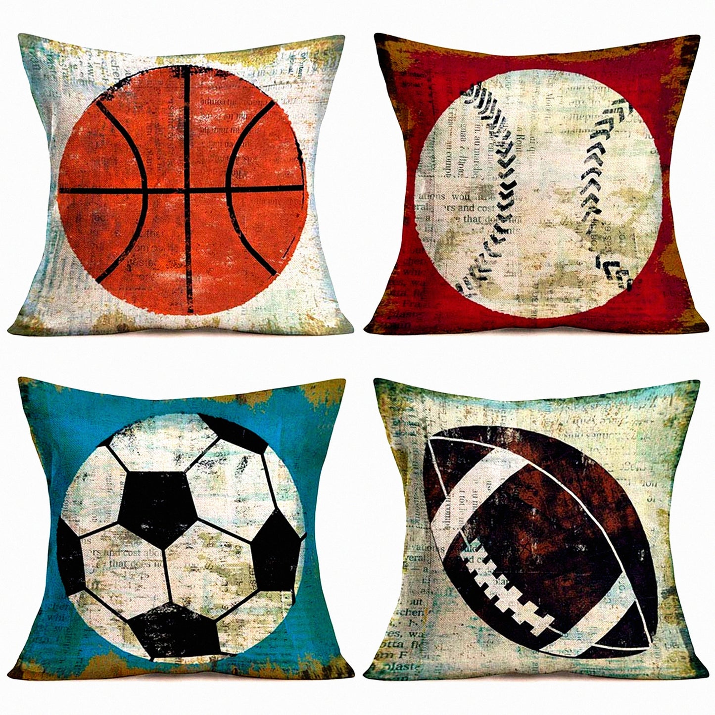 Retro Sports Linen Cushion Cover Set - Basketball Football Softball Rugby Throw Pillow Case - Vintage Background Decor - 18"X18" Square - Pack of 4