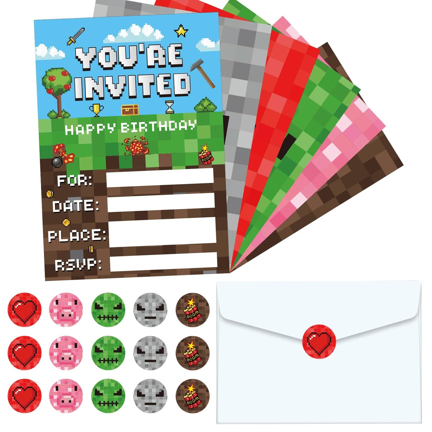 Pixel Blast Invites - 30 Sets of Video Game Themed Party Invitations with Envelopes, Sticker & Vintage Style Design for Kids, Teens & Adults. Perfect for Pixel Theme Party Favors & Decorations!