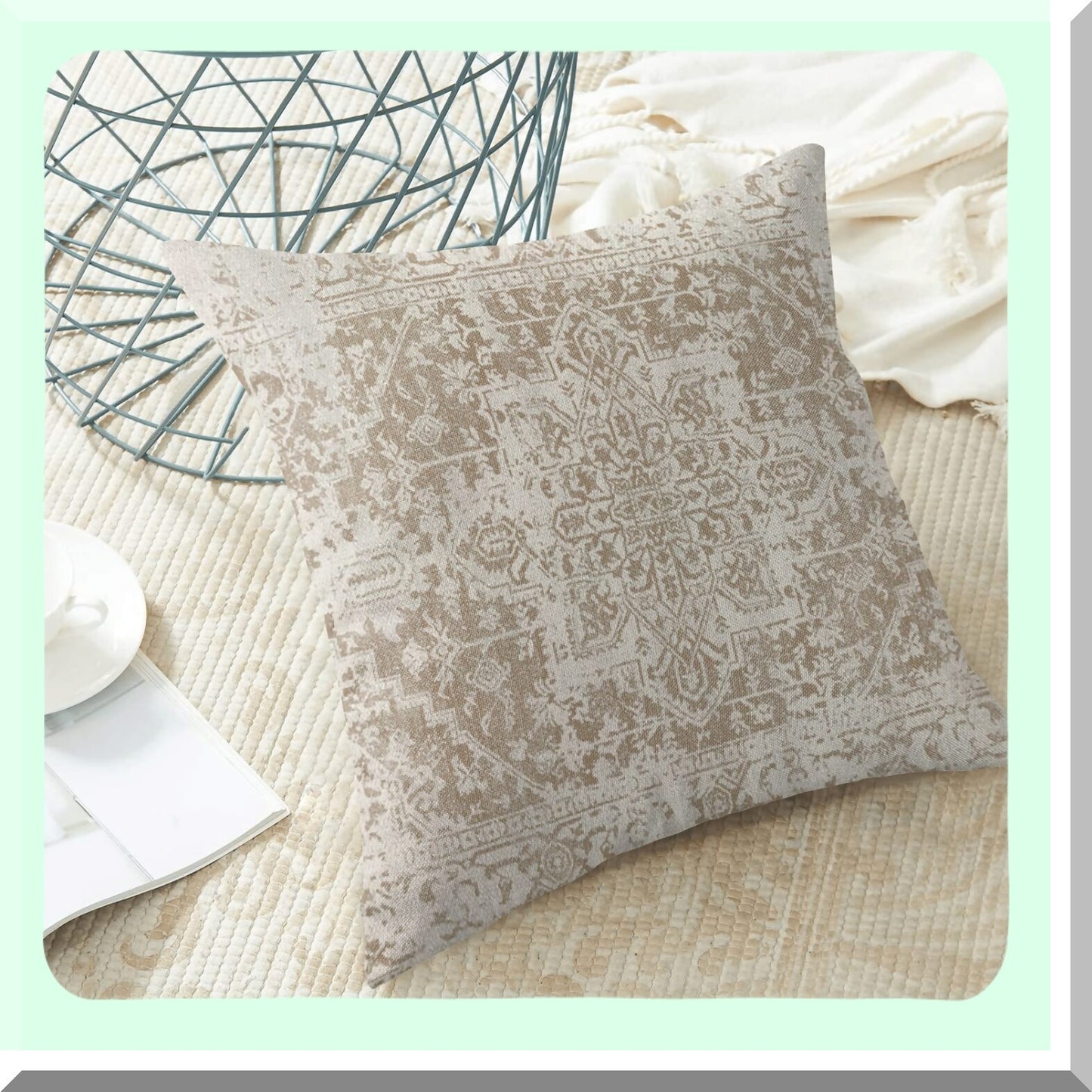 Boho Farmhouse Ethnic Linen Pillow Covers - Set of 2 Beige Brown 20x20 Throw Cushion Case for Couch Sofa Outdoor Decor Home Decoration