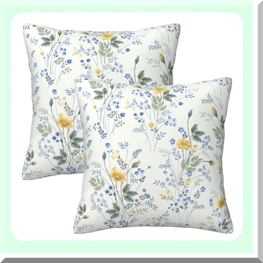Spring Wildflower Cushion Covers - Set of 2, Farmhouse Floral Pillowcase for Home Decor, Blue and Yellow Flower Throw Pillow Covers 16 x 16 Inch