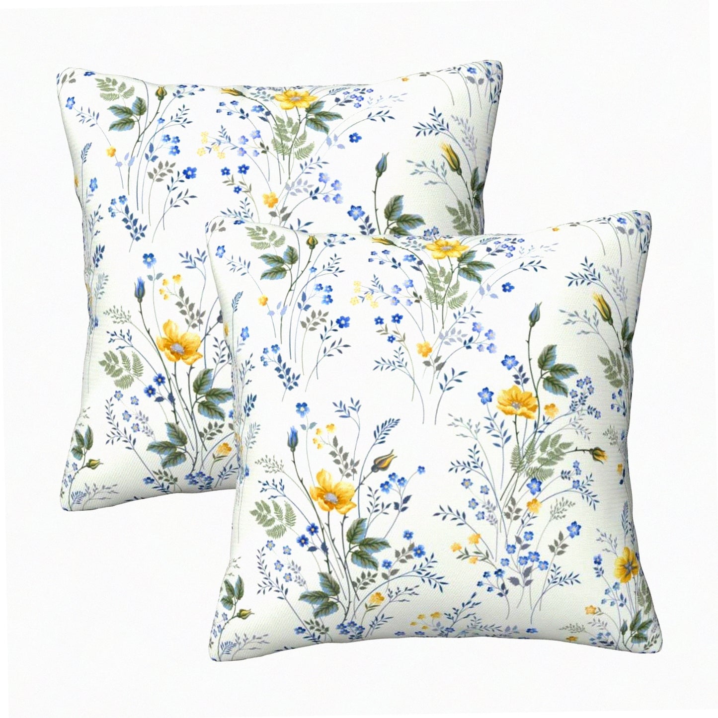 Spring Wildflower Cushion Covers - Set of 2, Farmhouse Floral Pillowcase for Home Decor, Blue and Yellow Flower Throw Pillow Covers 16 x 16 Inch