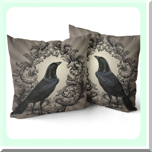 Vintage Raven Black Flower Cotton Decorative Throw Pillow Case Set - 22x22 Inch Crow Cushion Cover for Bedroom Sofa Living Room Office