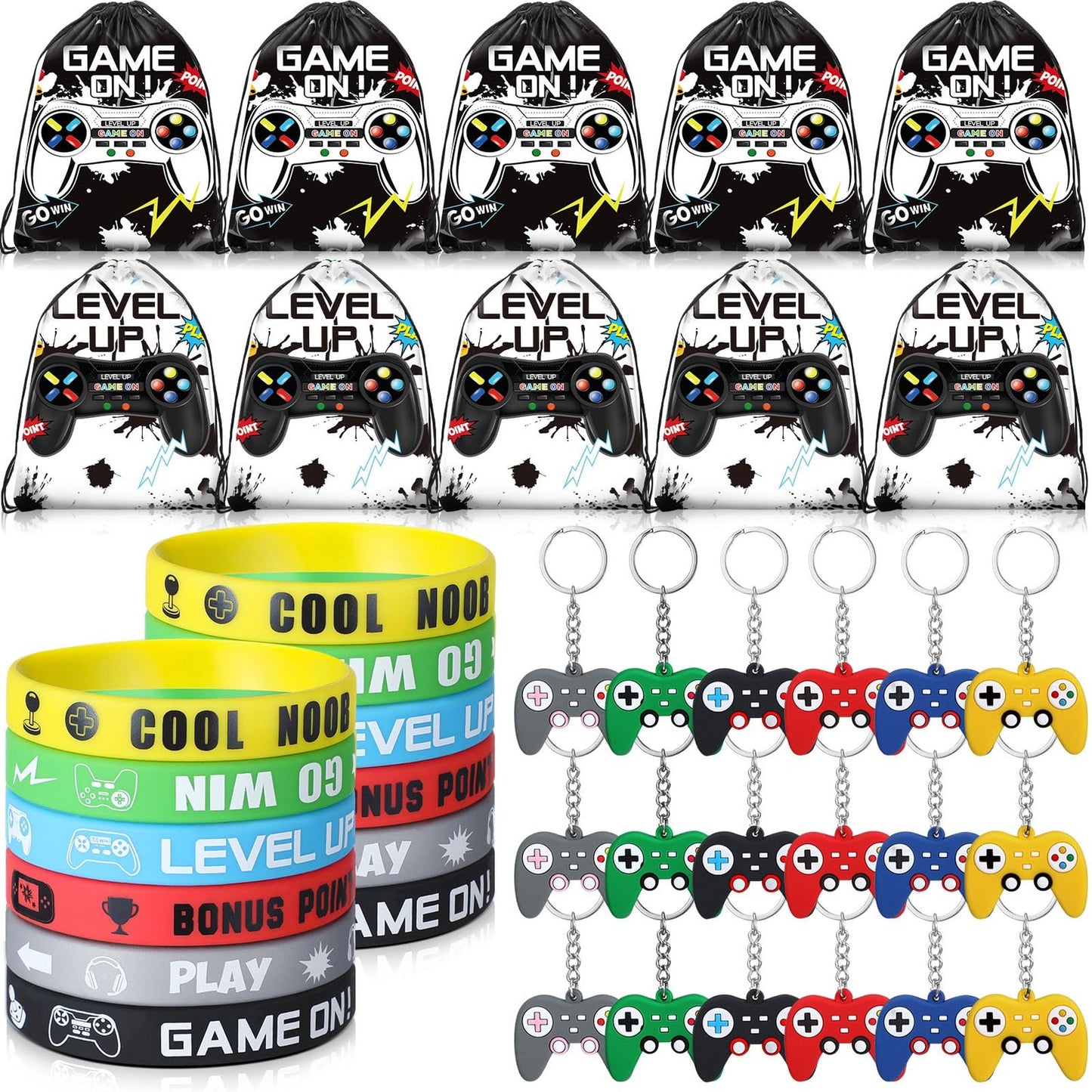 Game On Party Pack - 72-Piece Video Game Birthday Favors Set with Drawstring Bags, Bracelets, and Controller Keychains for Kids. Perfect for Black & White themed parties!