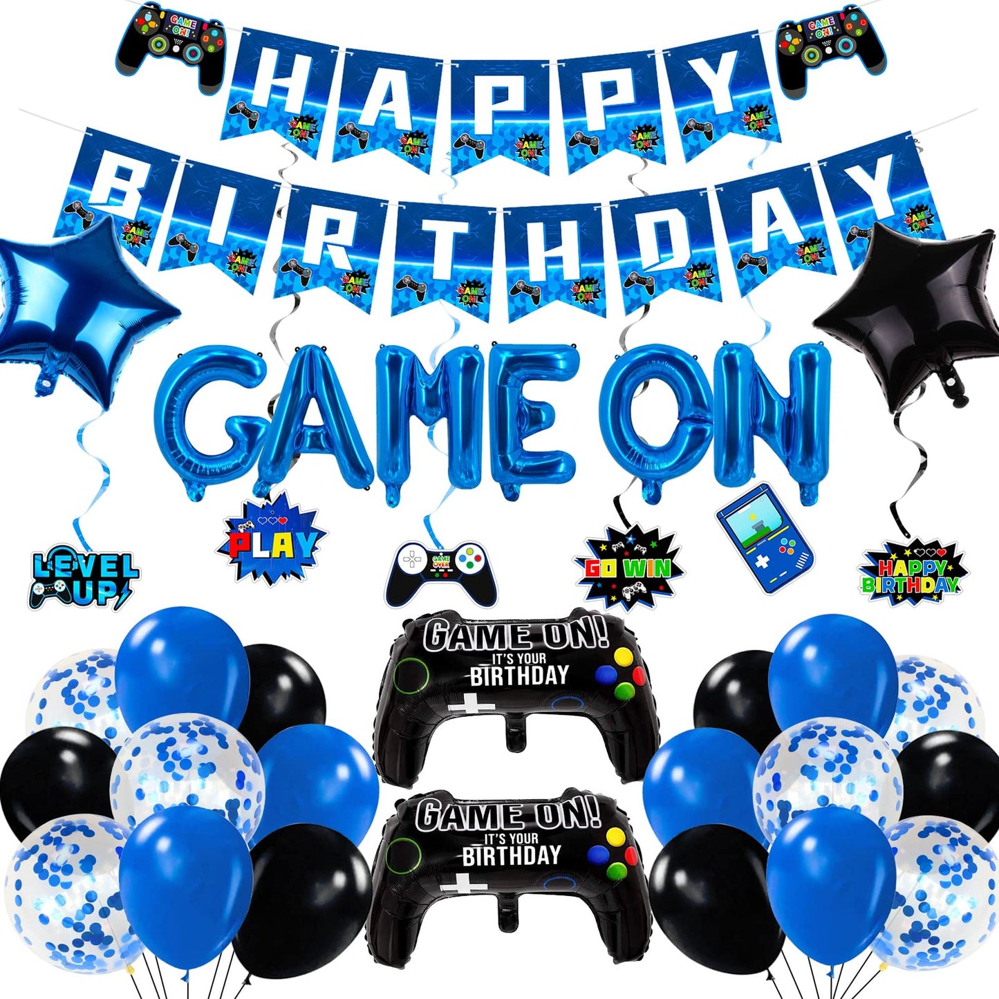 Game On Party Pack - Navy Blue Video Game Birthday Decorations Set with Happy Birthday Banner, Hanging Swirls, Latex Balloons, and Controller Balloons. Perfect for Gaming Birthday Parties!
