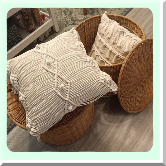 Boho Macrame Tassel Pillow Covers - Set of 2 Square Cushion Cases, Woven Decorative Pillowcase 17X17, AB Style - Comfy Home Decor