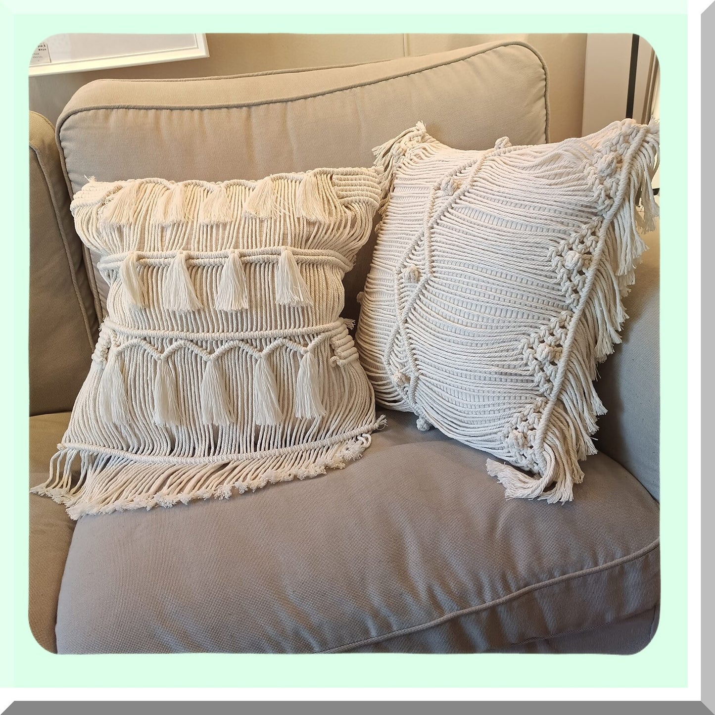 Boho Macrame Tassel Pillow Covers - Set of 2 Square Cushion Cases, Woven Decorative Pillowcase 17X17, AB Style - Comfy Home Decor