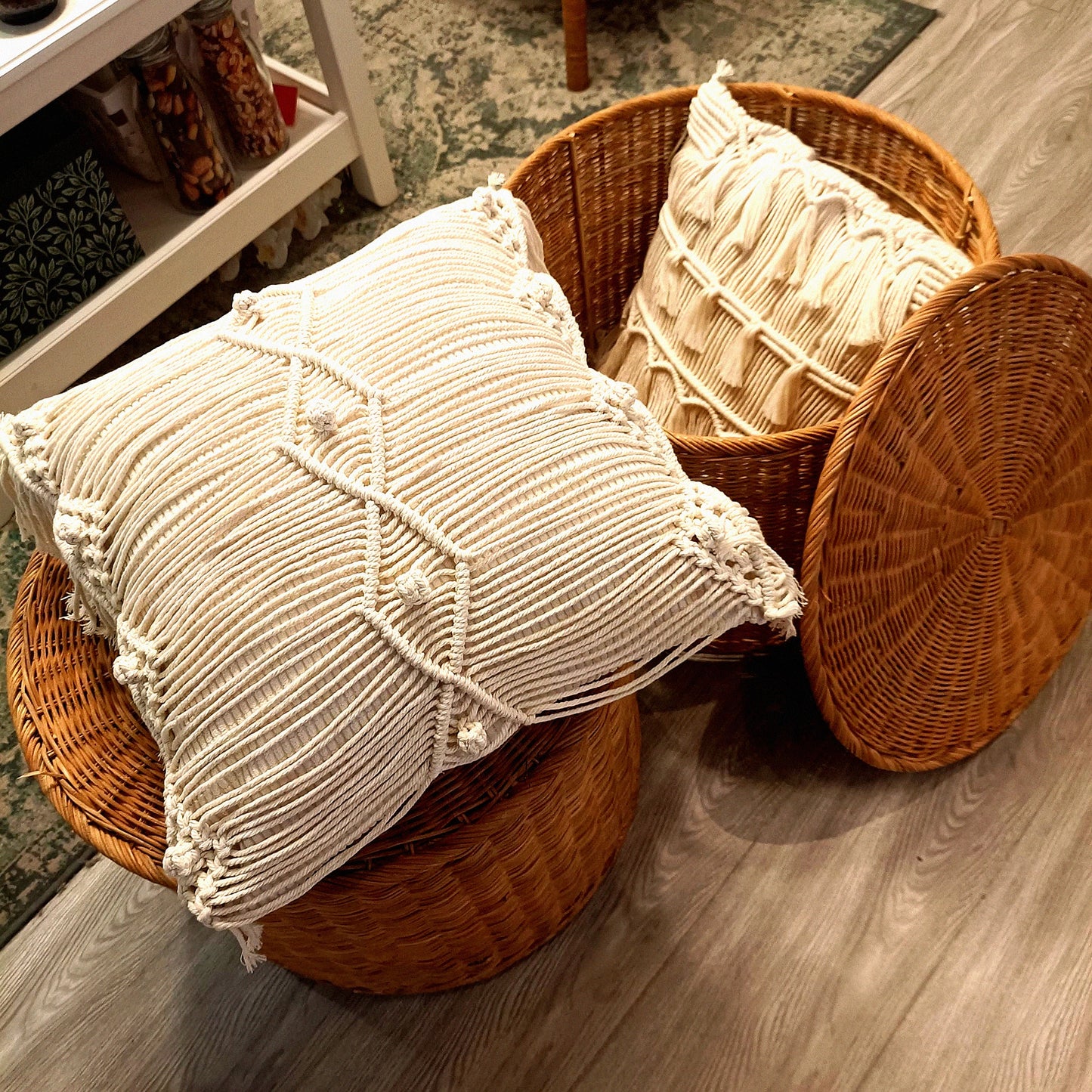 Boho Macrame Tassel Pillow Covers - Set of 2 Square Cushion Cases, Woven Decorative Pillowcase 17X17, AB Style - Comfy Home Decor