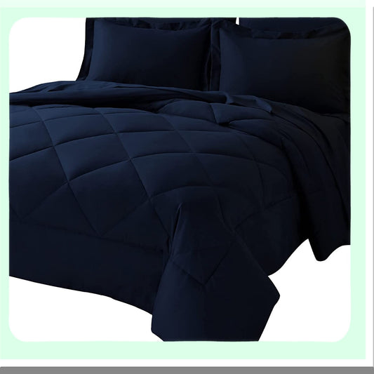 Navy Blue Comforter Set - 7 Piece Bedding Bundle: Comforter, Sheets, Pillow Sham, Fitted Sheet, Flat Sheet, Pillowcase - All Season Soft Bed in a Bag