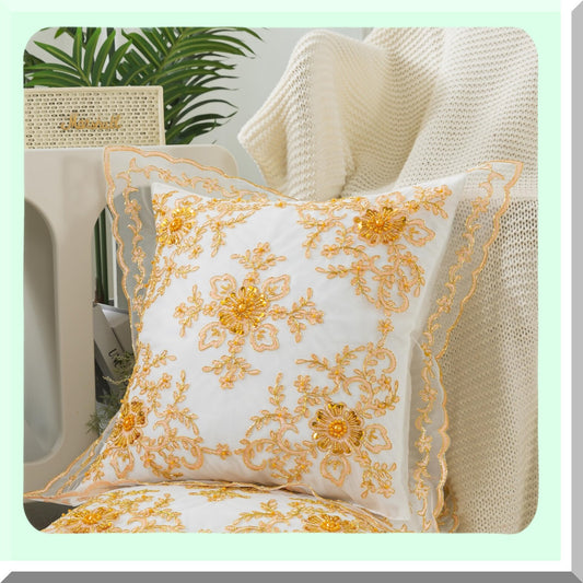 Floral Gold Beaded Lace Pillow Cover - Elegant 18x18 Inch Cushion Cover for Couch Sofa Bed - Beautiful Decorative Accessory Pack in White Gold