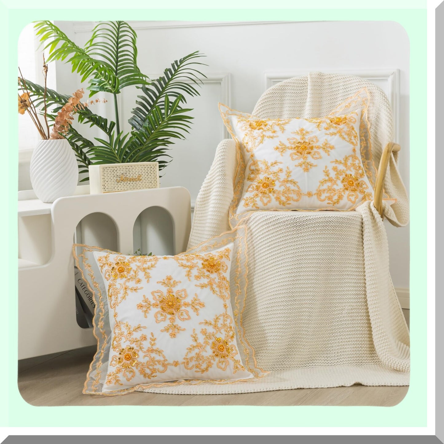 Floral Gold Beaded Lace Pillow Cover - Elegant 18x18 Inch Cushion Cover for Couch Sofa Bed - Beautiful Decorative Accessory Pack in White Gold