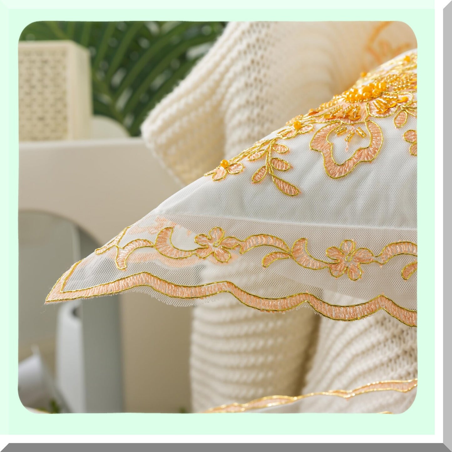 Floral Gold Beaded Lace Pillow Cover - Elegant 18x18 Inch Cushion Cover for Couch Sofa Bed - Beautiful Decorative Accessory Pack in White Gold