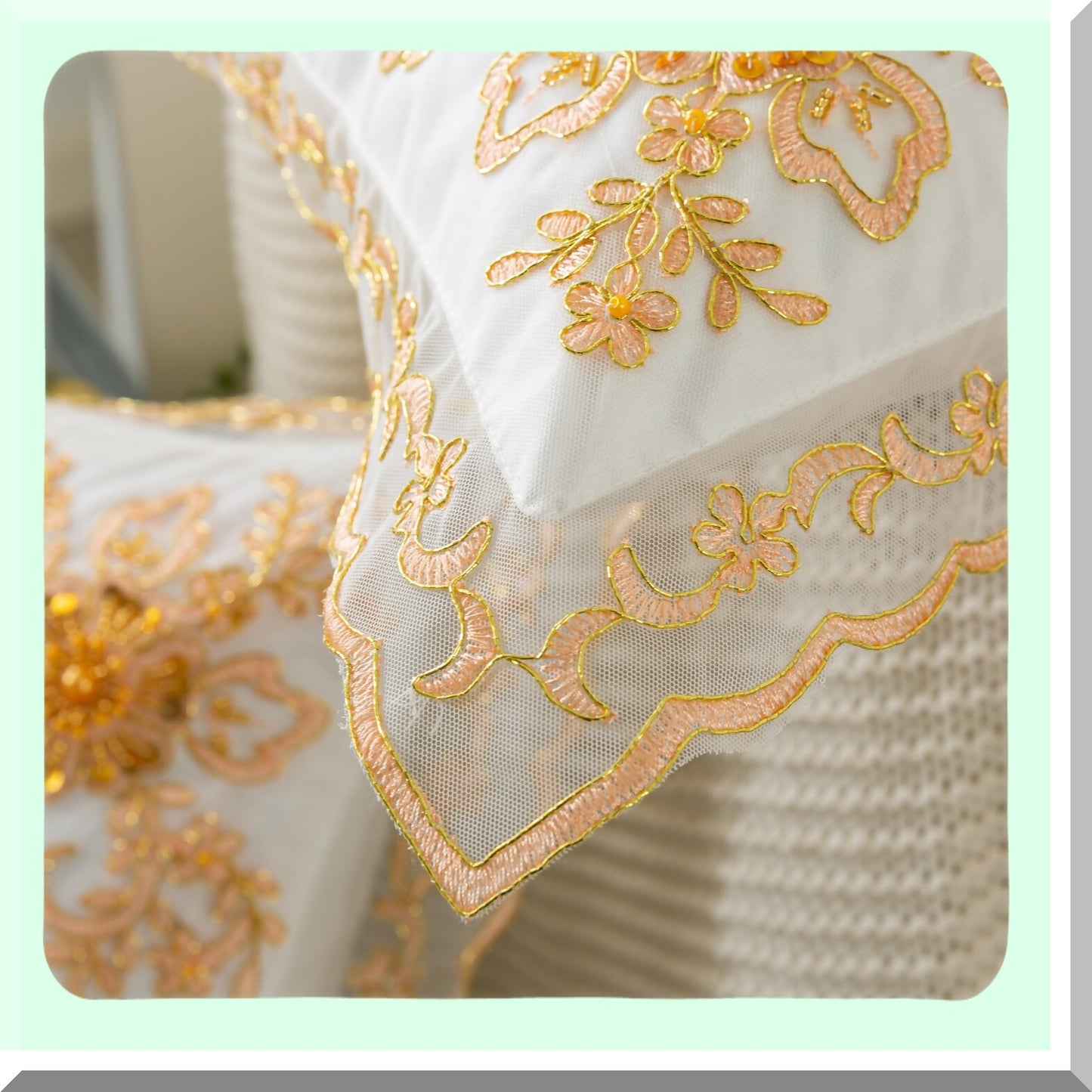 Floral Gold Beaded Lace Pillow Cover - Elegant 18x18 Inch Cushion Cover for Couch Sofa Bed - Beautiful Decorative Accessory Pack in White Gold