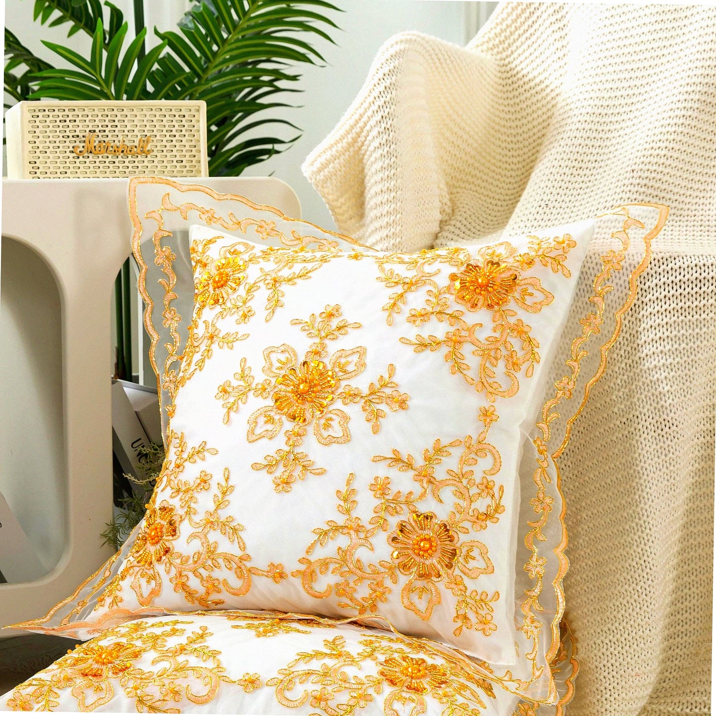 Floral Gold Beaded Lace Pillow Cover - Elegant 18x18 Inch Cushion Cover for Couch Sofa Bed - Beautiful Decorative Accessory Pack in White Gold