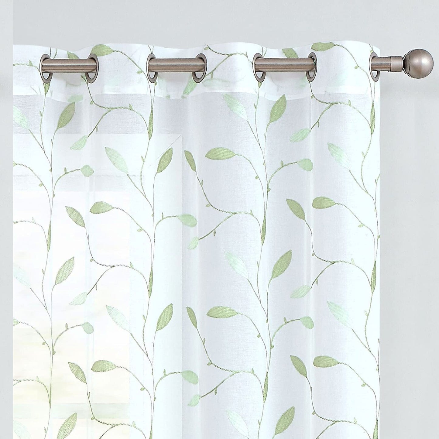 Embroidered Sheer Curtains Floral Leaf White 2 Panels