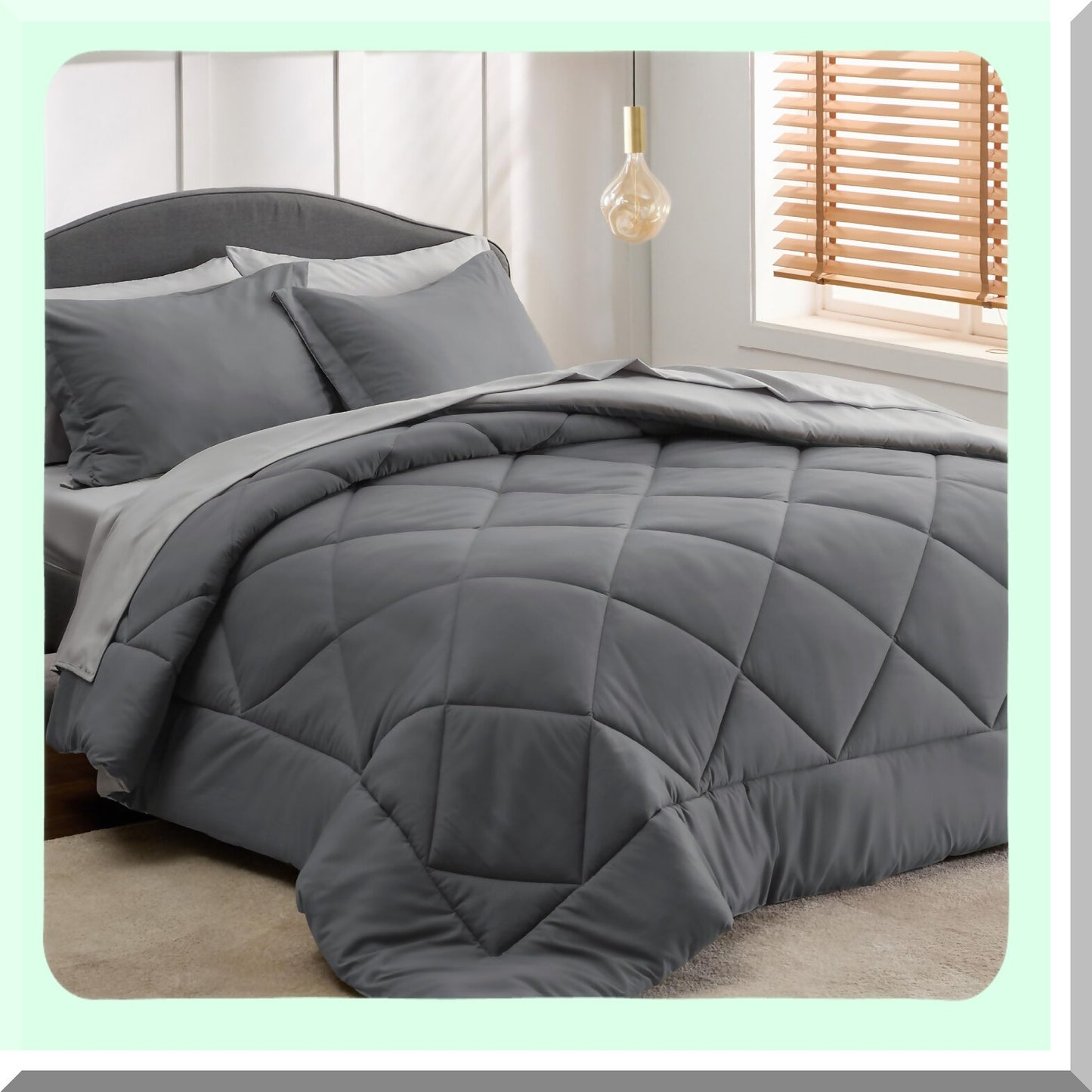 Luxury Dark Grey Reversible Comforter Set - 7 Piece Bedding Bundle with Comforters, Sheets, Pillowcases, and Shams - Size Queen - Bed in a Bag