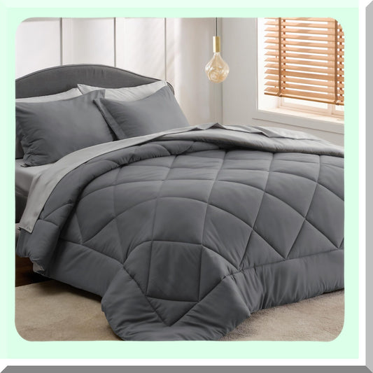 Luxury Dark Grey Reversible Comforter Set - 7 Piece Bedding Bundle with Comforters, Sheets, Pillowcases, and Shams - Size Queen - Bed in a Bag