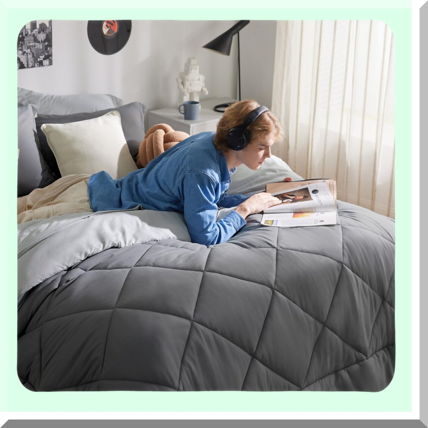 Luxury Dark Grey Reversible Comforter Set - 7 Piece Bedding Bundle with Comforters, Sheets, Pillowcases, and Shams - Size Queen - Bed in a Bag