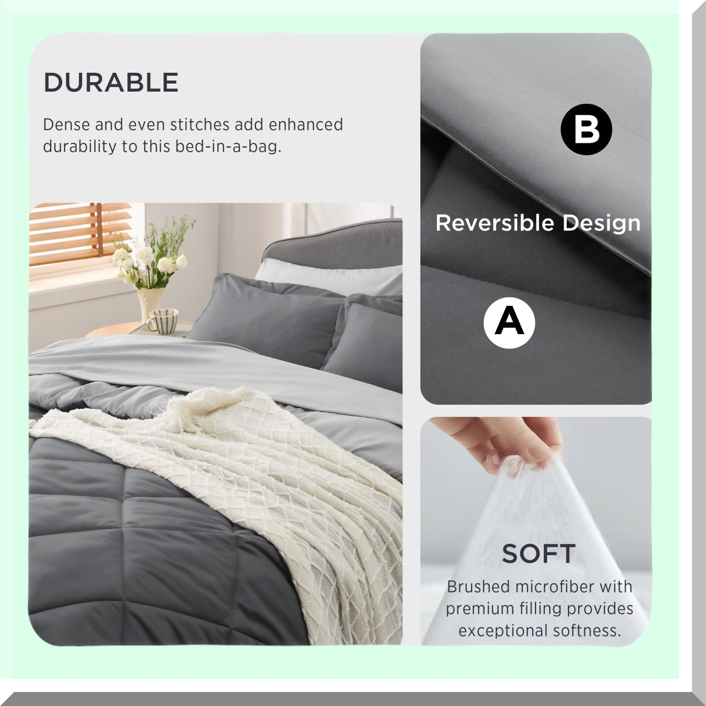 Luxury Dark Grey Reversible Comforter Set - 7 Piece Bedding Bundle with Comforters, Sheets, Pillowcases, and Shams - Size Queen - Bed in a Bag