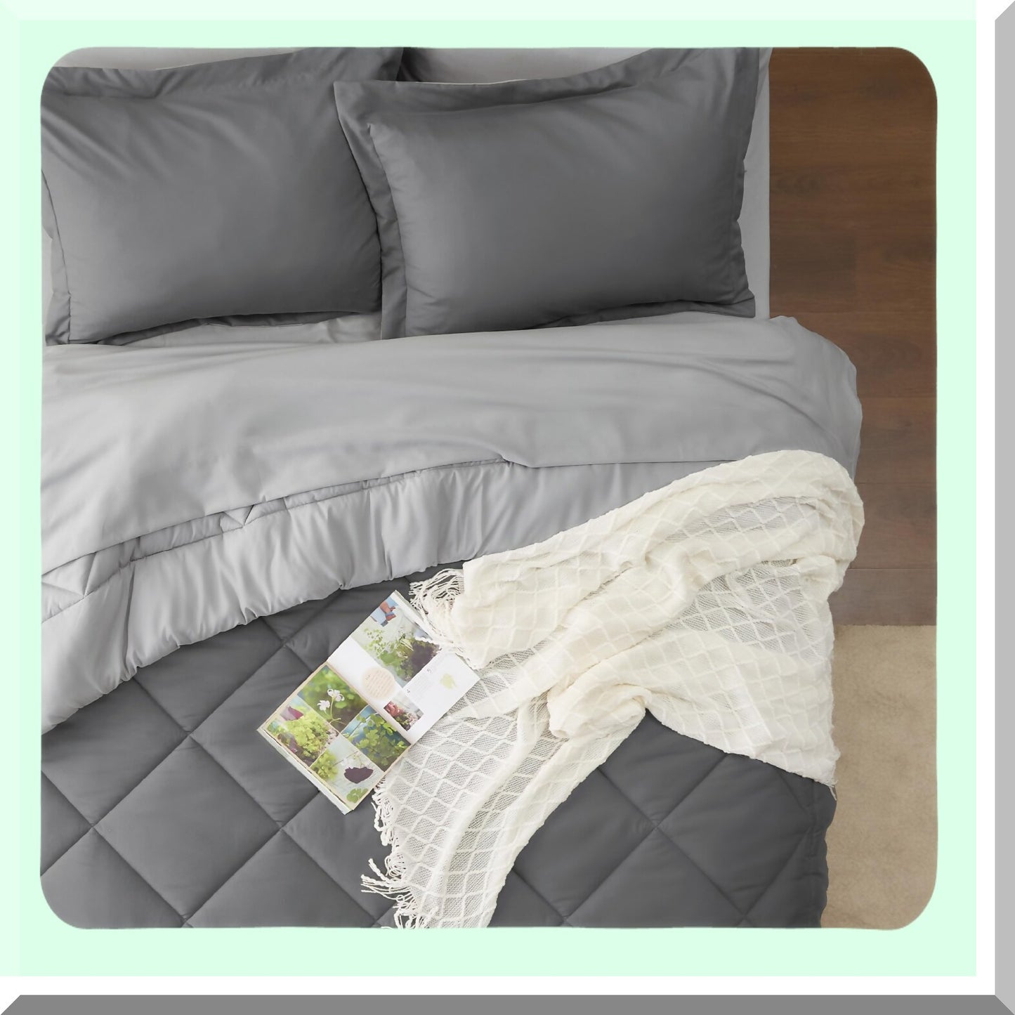Luxury Dark Grey Reversible Comforter Set - 7 Piece Bedding Bundle with Comforters, Sheets, Pillowcases, and Shams - Size Queen - Bed in a Bag