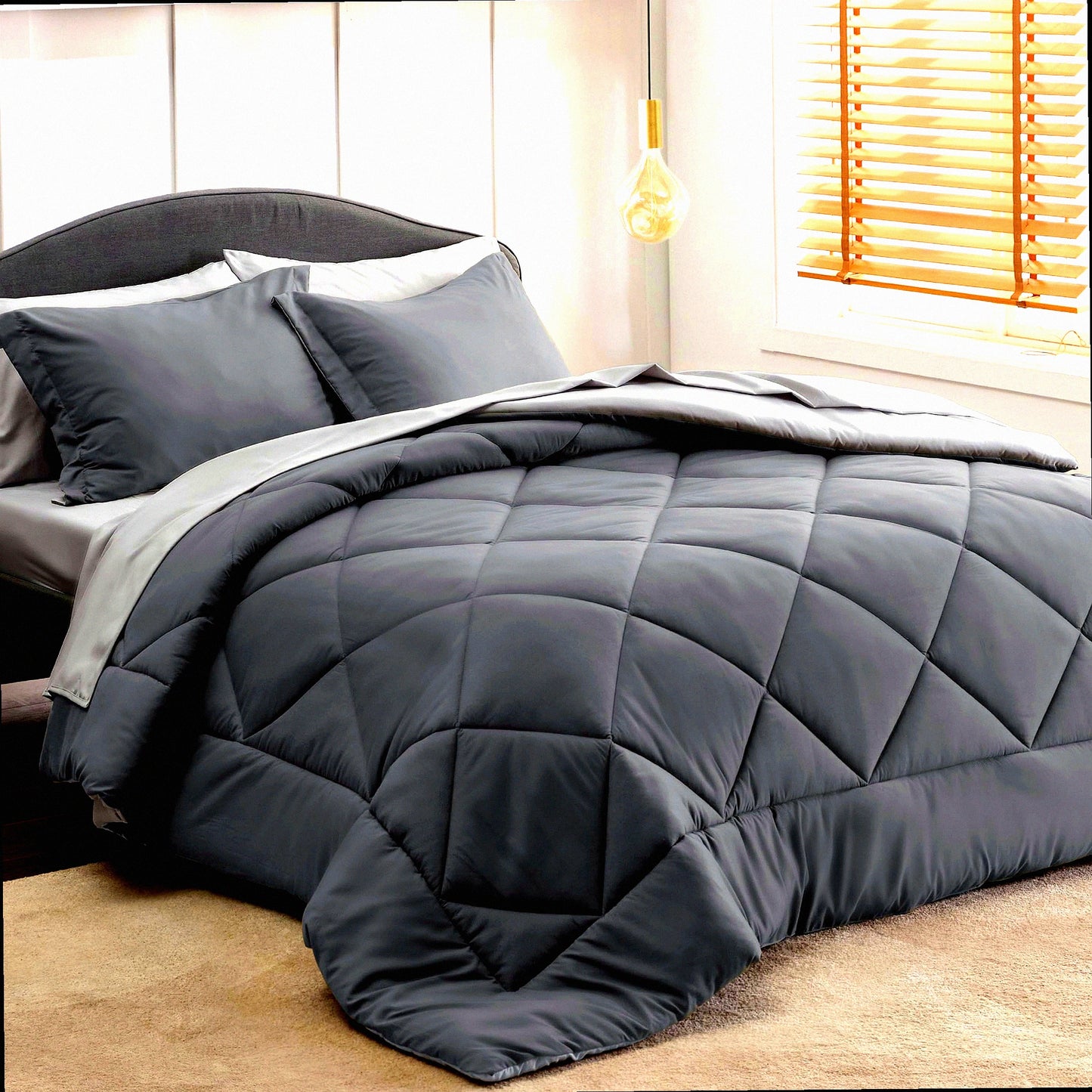 Luxury Dark Grey Reversible Comforter Set - 7 Piece Bedding Bundle with Comforters, Sheets, Pillowcases, and Shams - Size Queen - Bed in a Bag