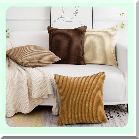 Corduroy Stripe Decor Pillow Covers - Set of 4, Soft 16x16 Cushion Cases for Couch Sofa Bedroom Living Room in Brown - No Inserts