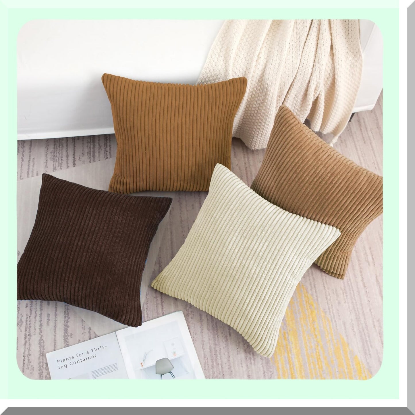 Corduroy Stripe Decor Pillow Covers - Set of 4, Soft 16x16 Cushion Cases for Couch Sofa Bedroom Living Room in Brown - No Inserts