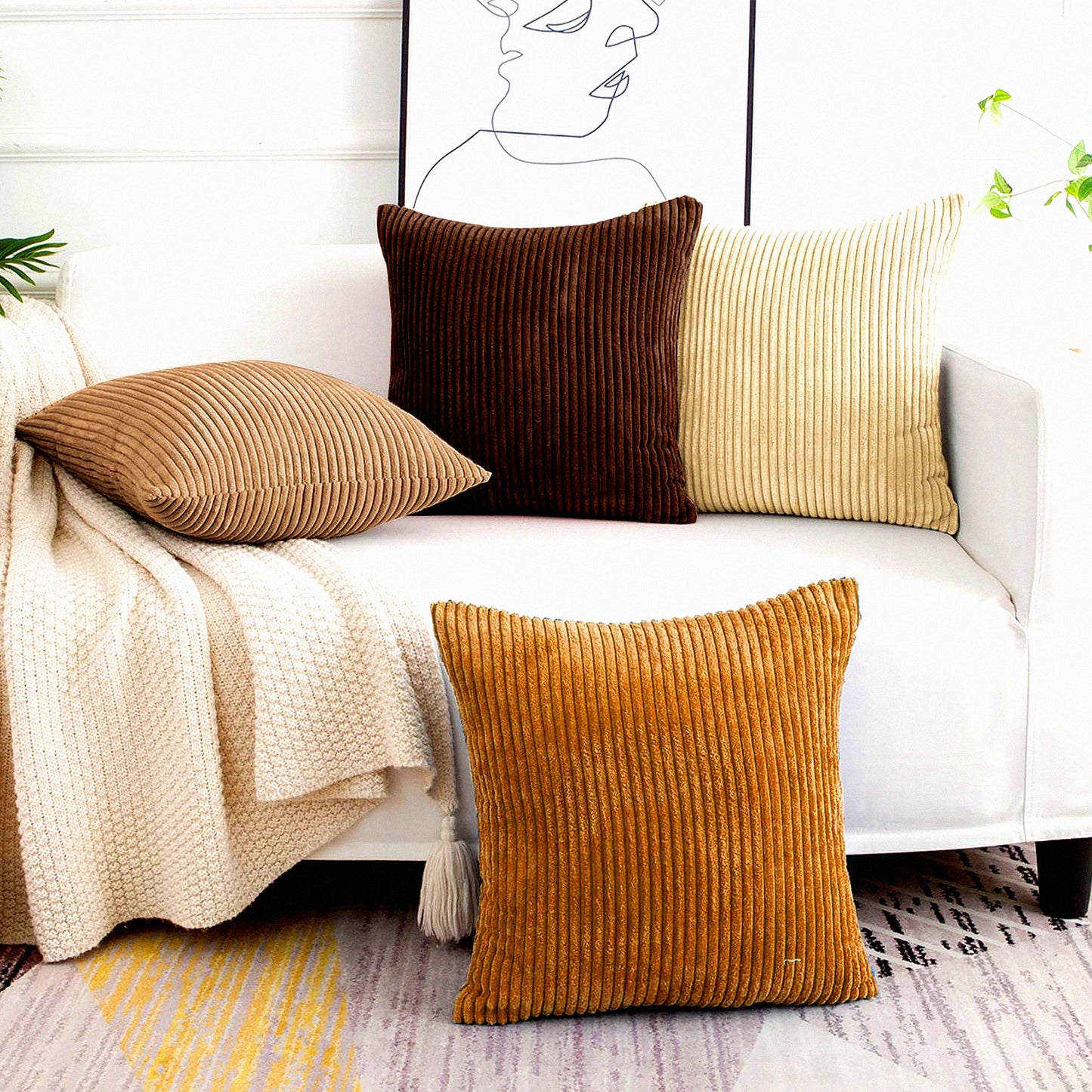 Corduroy Stripe Decor Pillow Covers - Set of 4, Soft 16x16 Cushion Cases for Couch Sofa Bedroom Living Room in Brown - No Inserts