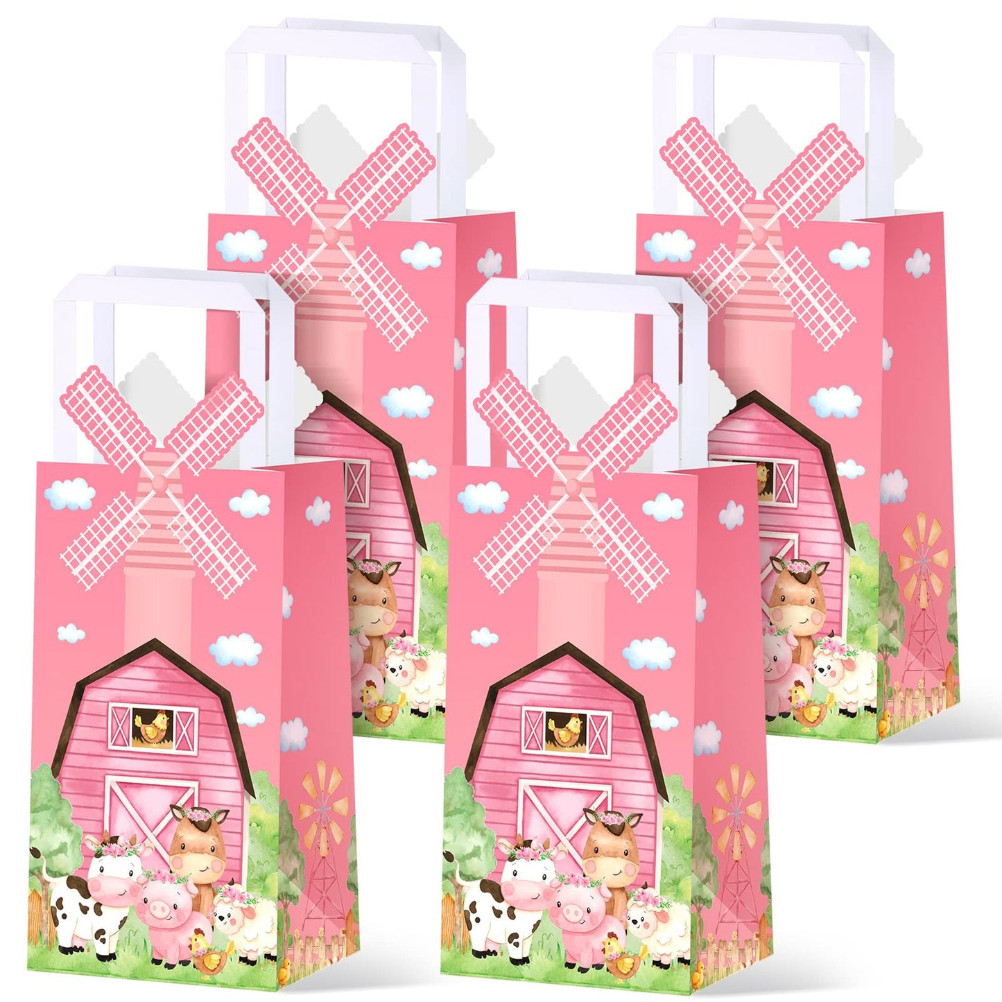 Pink Barnyard Party Favor Bags - 16 Pack Farm Themed Goodie Bags with Handles for Kids. Perfect for Farm Birthday Parties, Baby Showers, and Candy Gifts.