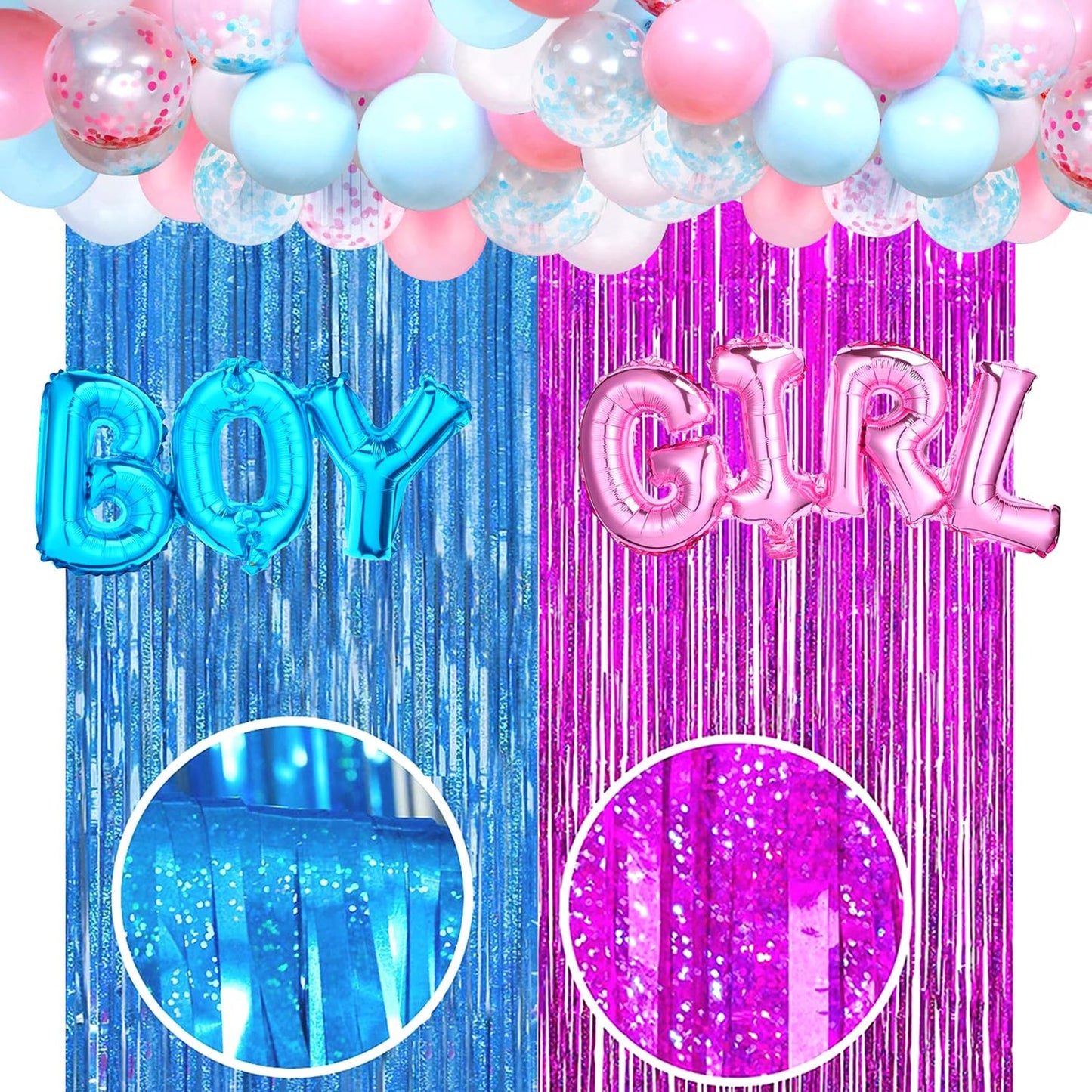 Sparkle Fringe Gender Reveal Balloon Decor Kit - 50 PCS Boy or Girl Party Supplies with Blue Pink Curtain, Baby Shower Decorations & Balloons