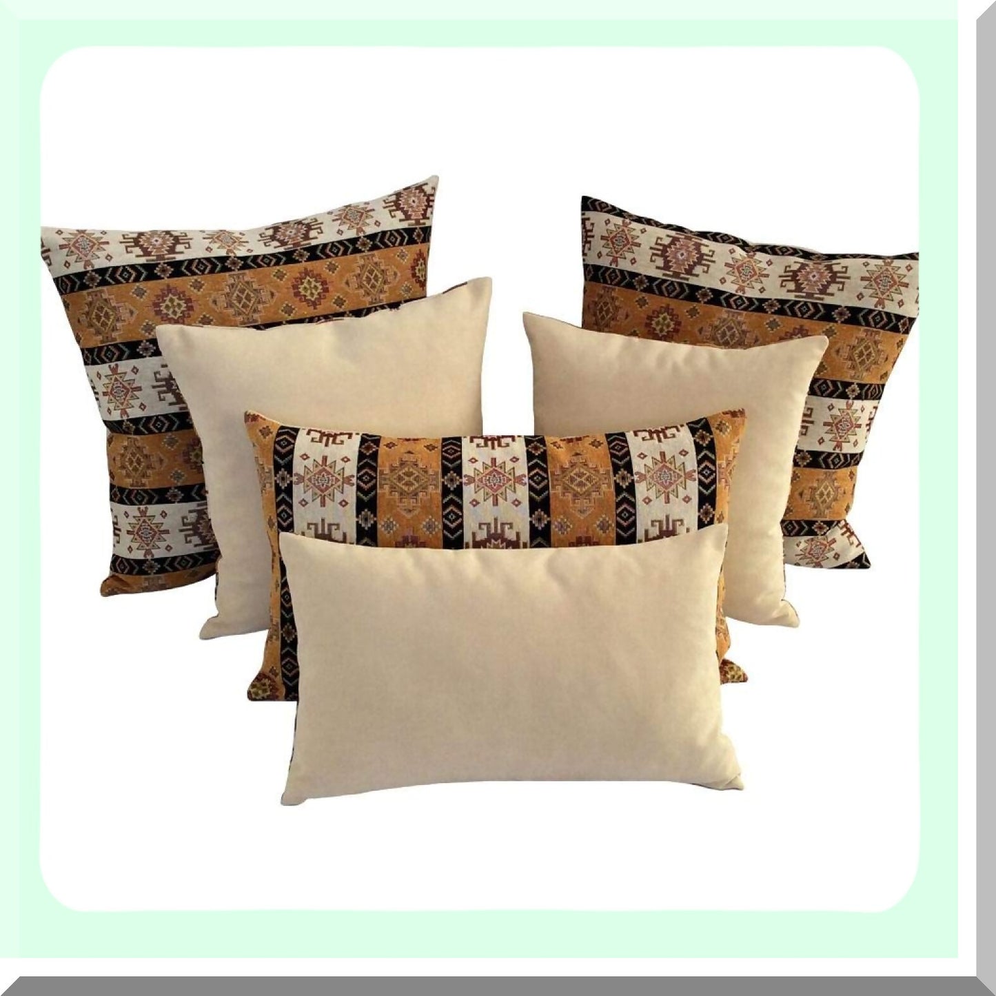 Boho Chic Kilim Throw Pillow Covers - Mustard Yellow & Cream Decorative Cushions for Living Room & Outdoor, 16x16 Inches, Window Seat Case