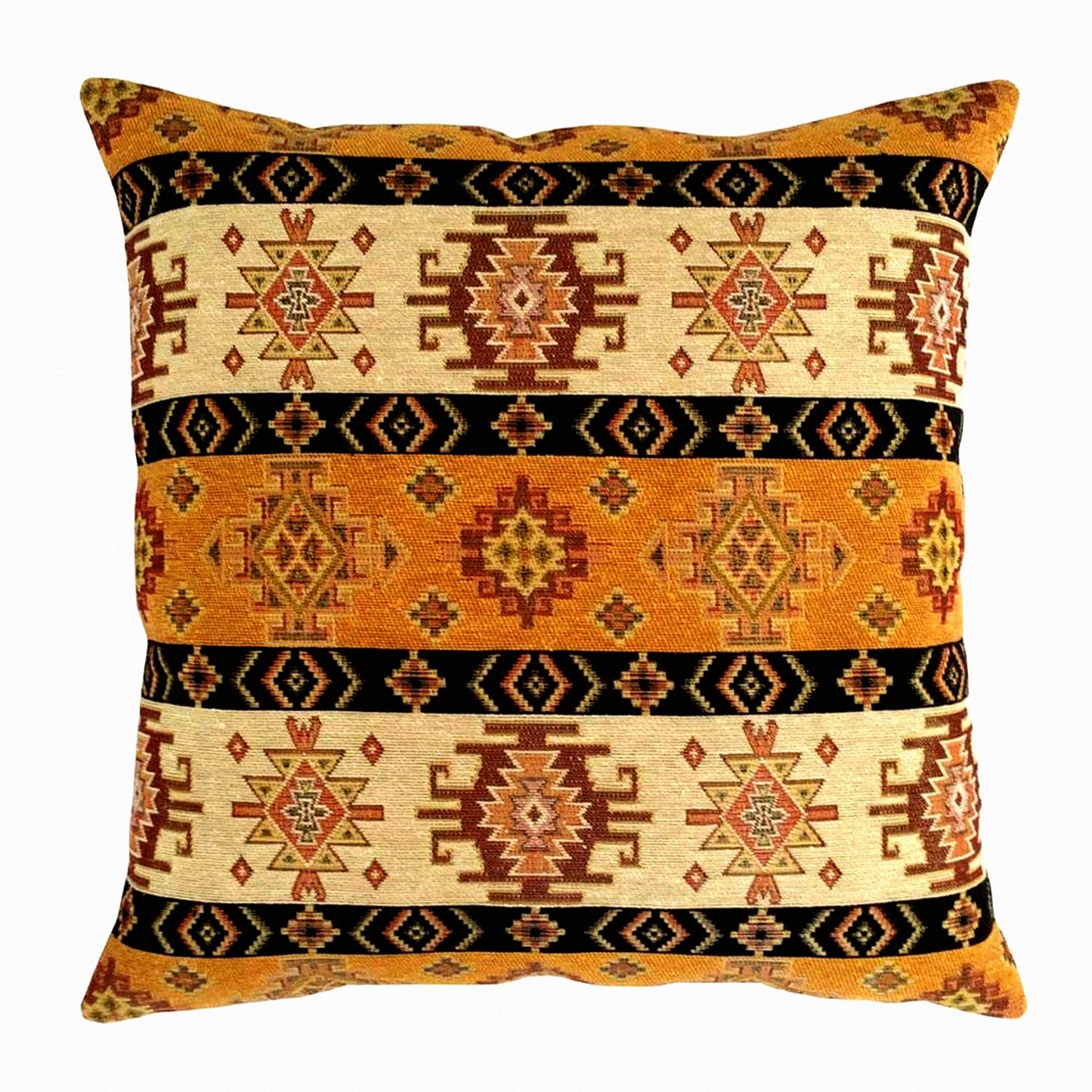 Boho Chic Kilim Throw Pillow Covers - Mustard Yellow & Cream Decorative Cushions for Living Room & Outdoor, 16x16 Inches, Window Seat Case