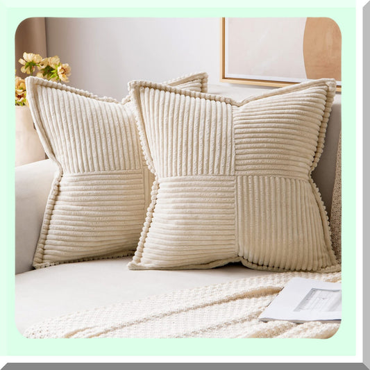 Boho Stripe Corduroy Pillow Covers - Set of 2 Soft Splicing Decorative Throw Pillows for Spring Livingroom - Broadside Textured Cushion Covers - Beige 18x18"