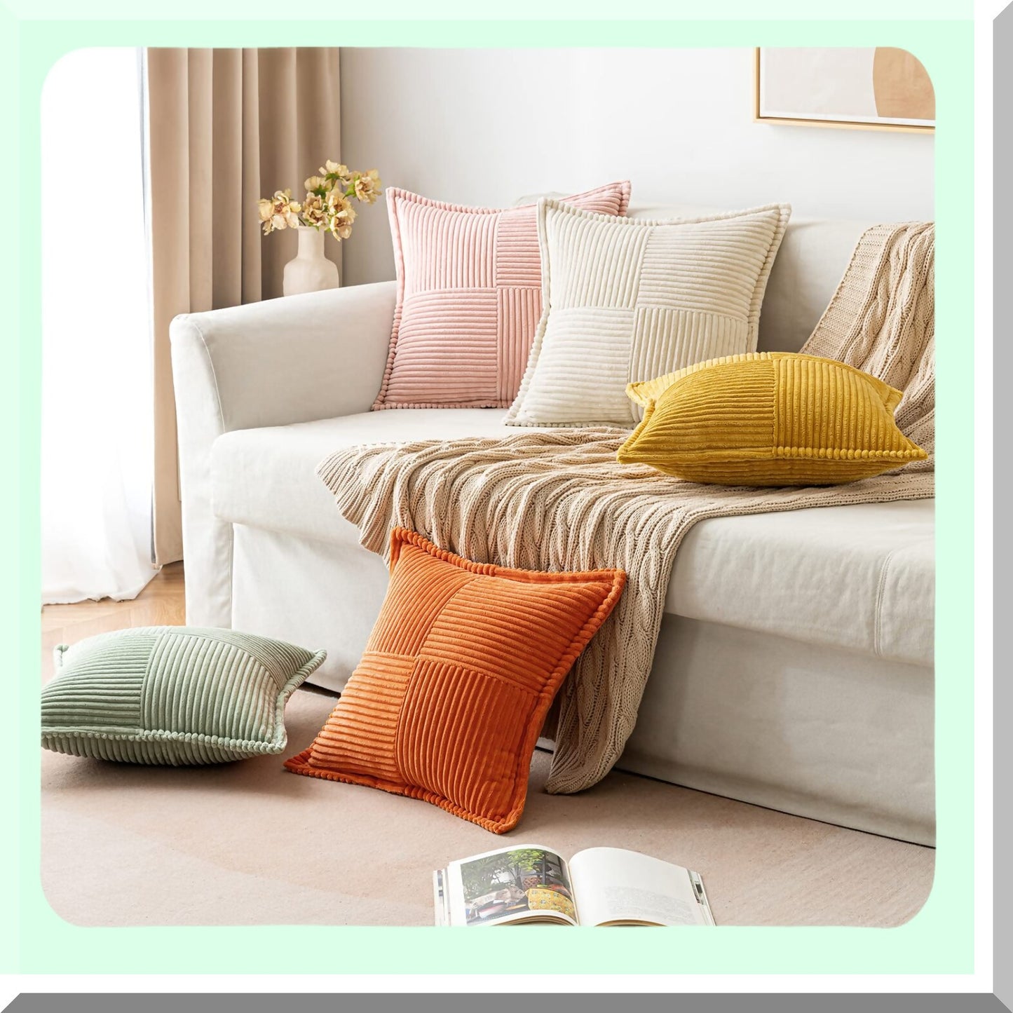 Boho Stripe Corduroy Pillow Covers - Set of 2 Soft Splicing Decorative Throw Pillows for Spring Livingroom - Broadside Textured Cushion Covers - Beige 18x18"