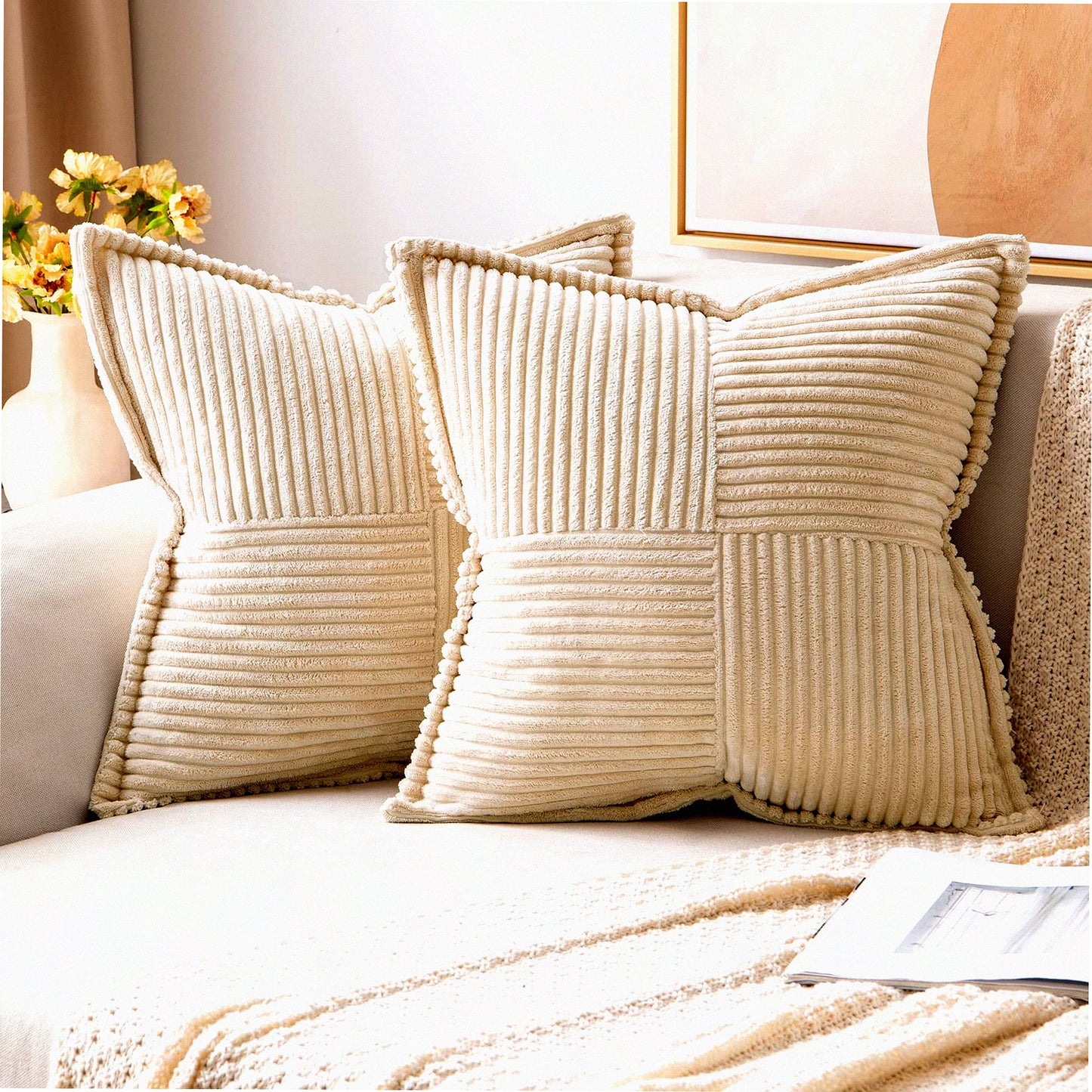 Boho Stripe Corduroy Pillow Covers - Set of 2 Soft Splicing Decorative Throw Pillows for Spring Livingroom - Broadside Textured Cushion Covers - Beige 18x18"