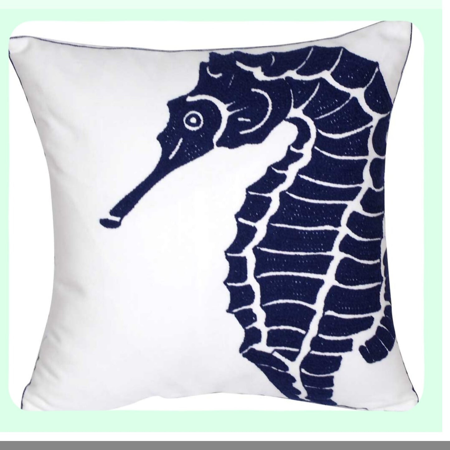 Nautical Embroidered Seahorse Pillow Cover - 18 Inch Square Decorative Canvas for Navy Style Decoration - Coastal Home Decor Accent