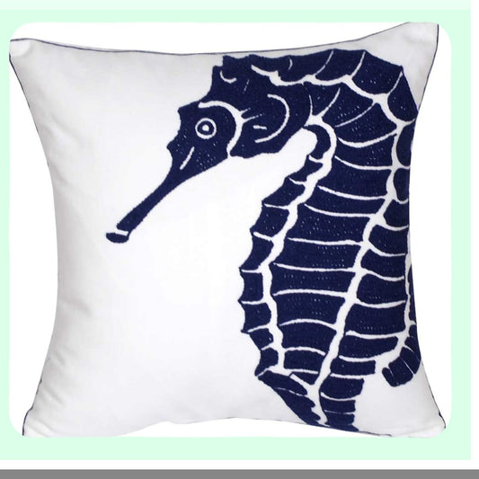 Nautical Embroidered Seahorse Pillow Cover - 18 Inch Square Decorative Canvas for Navy Style Decoration - Coastal Home Decor Accent