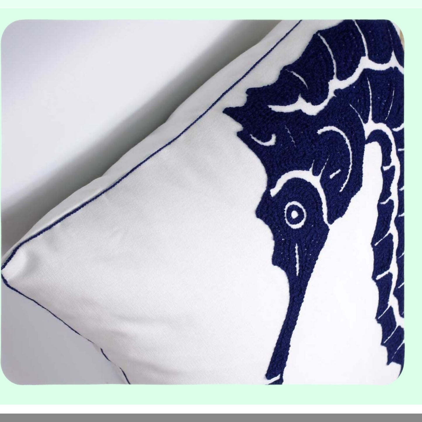 Nautical Embroidered Seahorse Pillow Cover - 18 Inch Square Decorative Canvas for Navy Style Decoration - Coastal Home Decor Accent