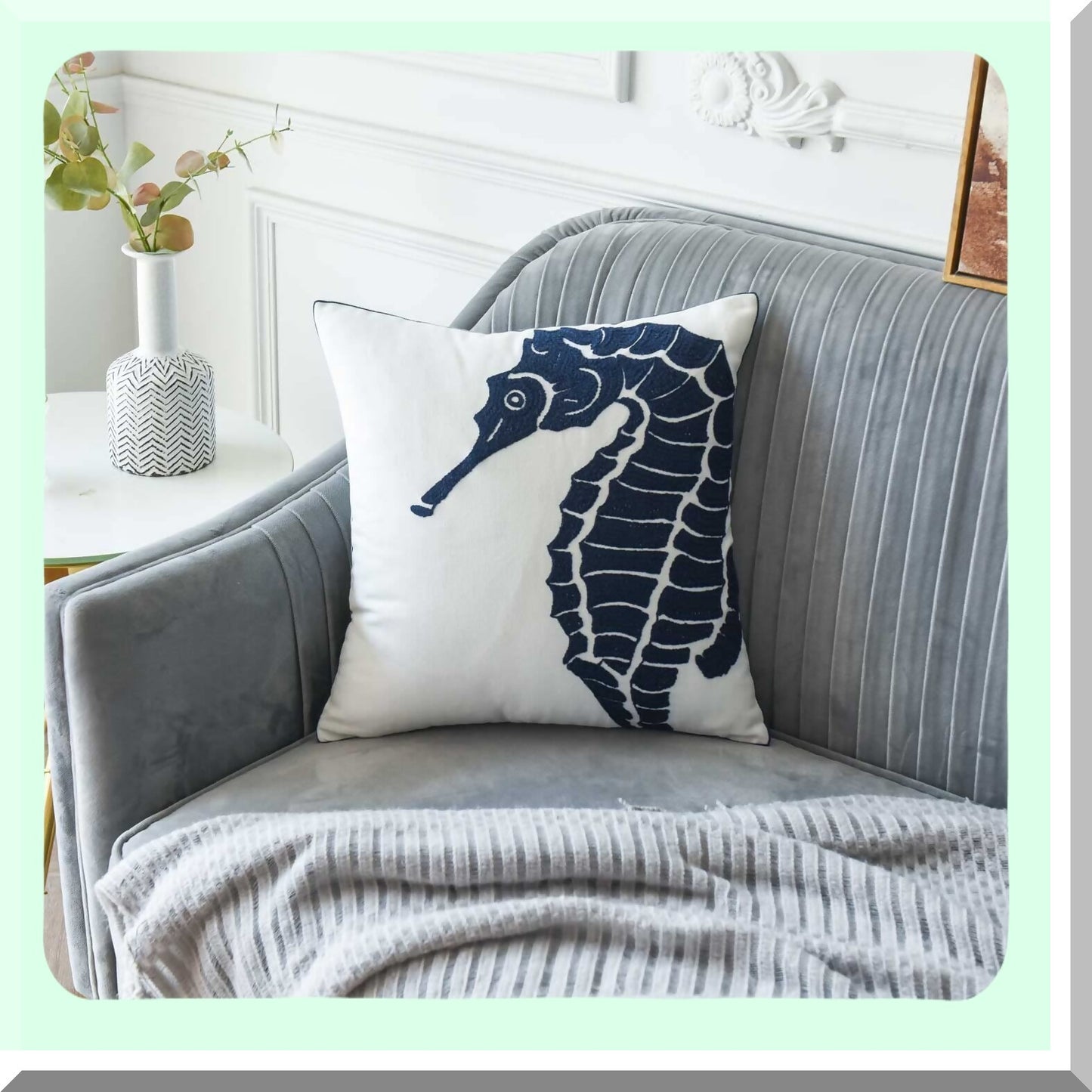 Nautical Embroidered Seahorse Pillow Cover - 18 Inch Square Decorative Canvas for Navy Style Decoration - Coastal Home Decor Accent