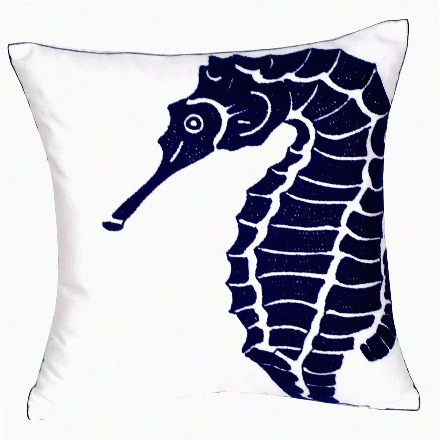 Nautical Embroidered Seahorse Pillow Cover - 18 Inch Square Decorative Canvas for Navy Style Decoration - Coastal Home Decor Accent